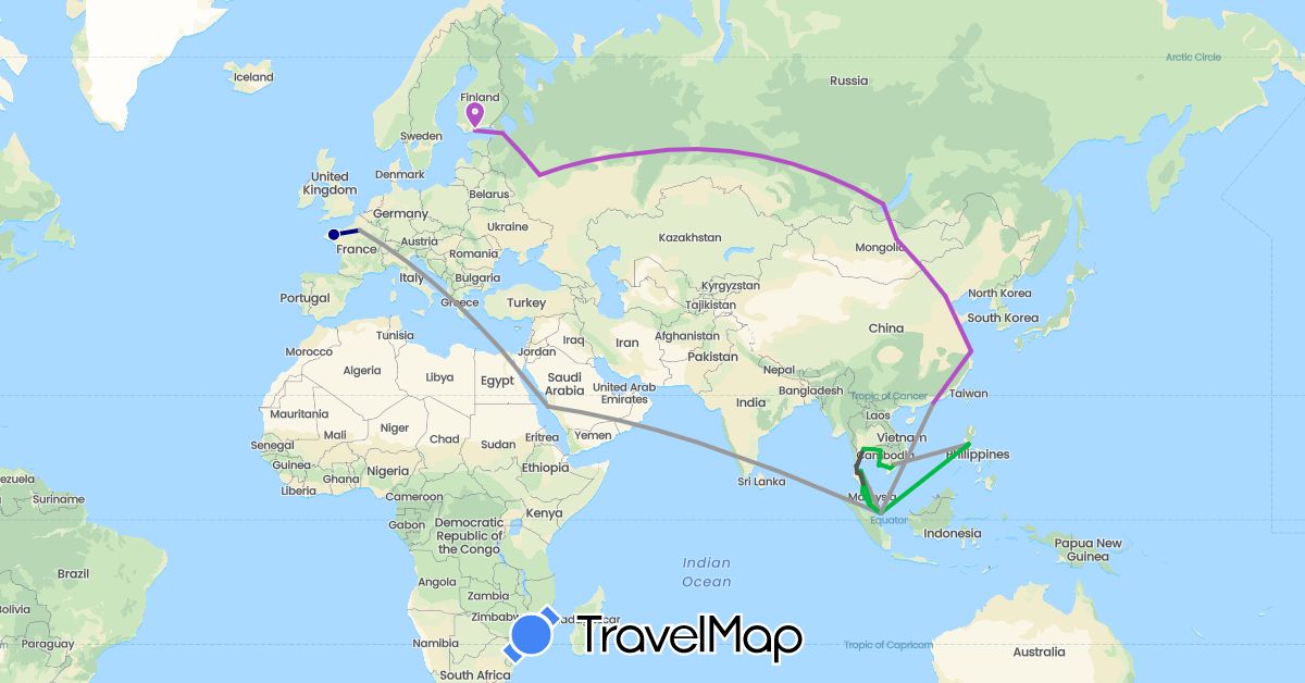 TravelMap itinerary: driving, bus, plane, train, motorbike in China, Finland, France, Hong Kong, Cambodia, Mongolia, Malaysia, Philippines, Russia, Saudi Arabia, Singapore, Thailand, Vietnam (Asia, Europe)